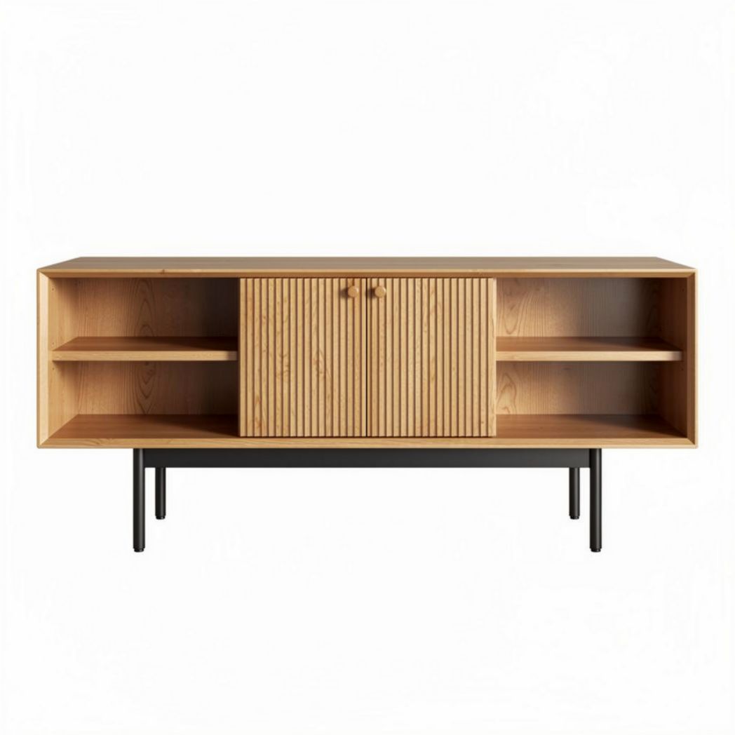 Wooden media console with storage and open shelves 150 x 40 x 50cm