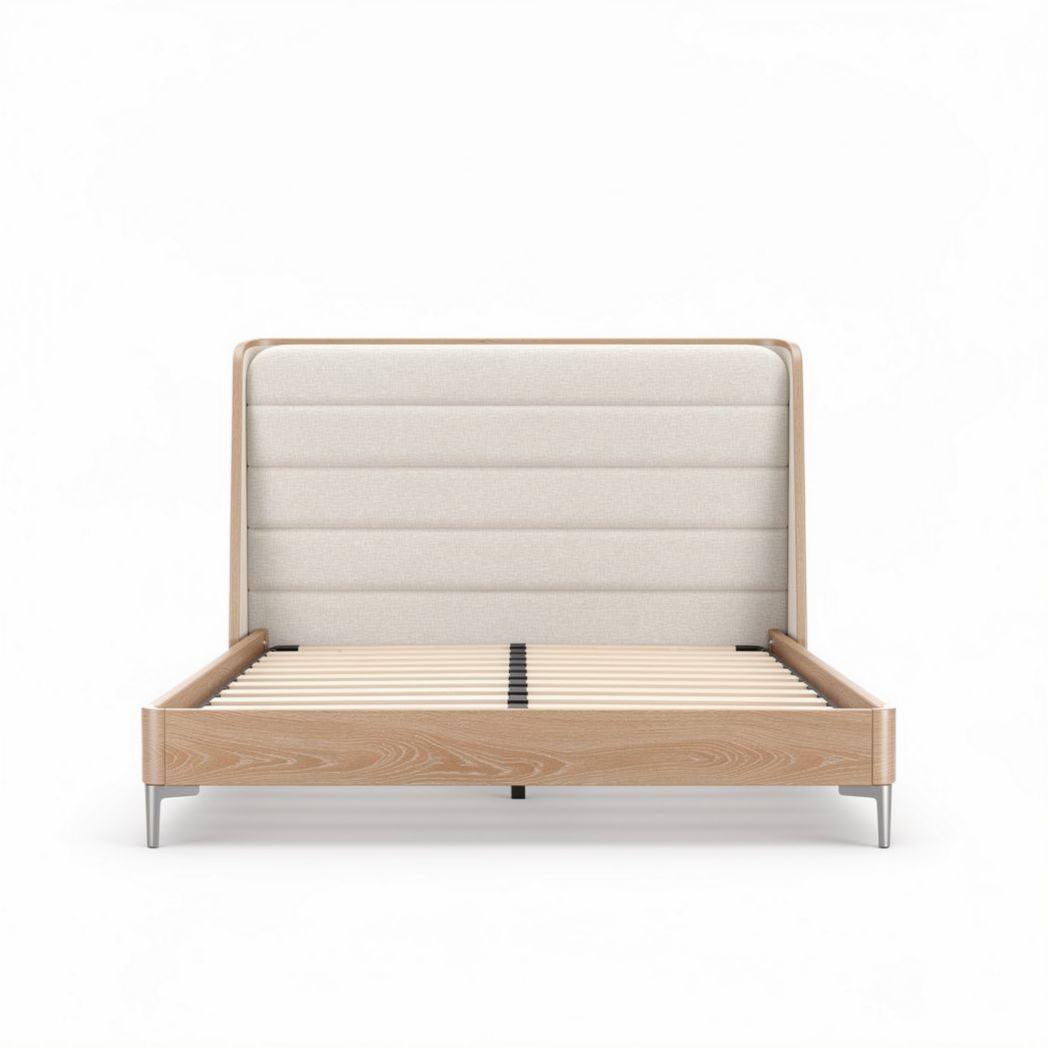 Wooden bed frame with upholstered headboard in beige 200 x 160 x 100cm