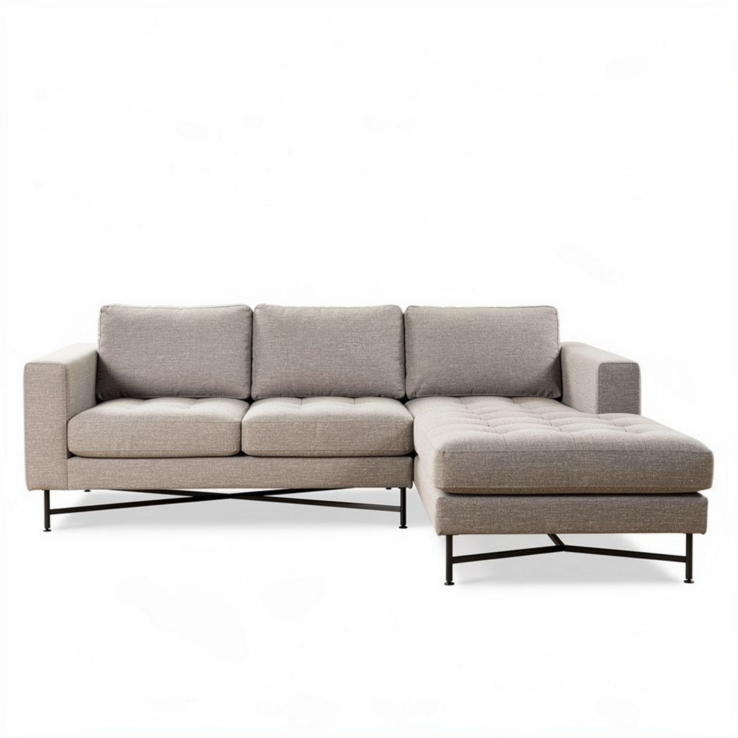 Sectional sofa with tufted seats in grey fabric and metal legs 200 x 90 x 80cm