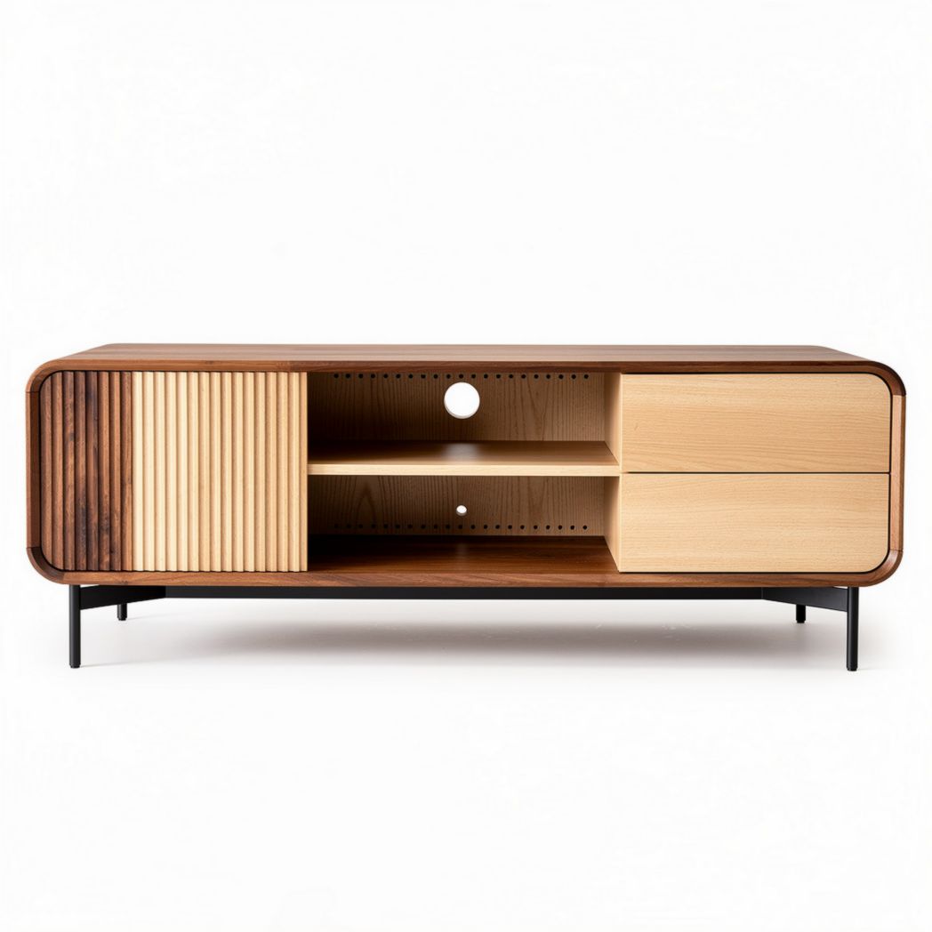 Wooden media console with two drawers and open shelving 120 x 40 x 45cm