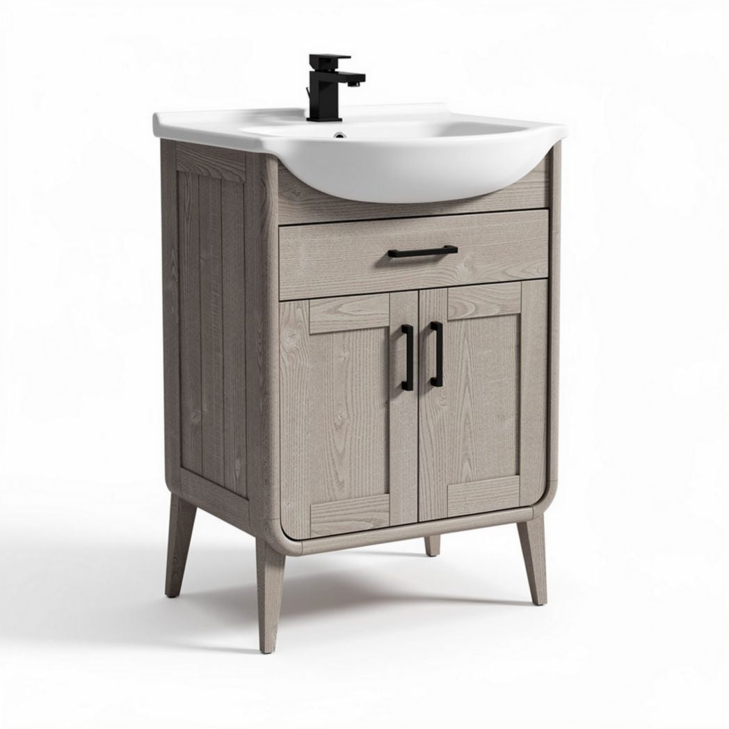 White bathroom vanity cabinet with sink and polished chrome faucet 30 x 45 x 85cm