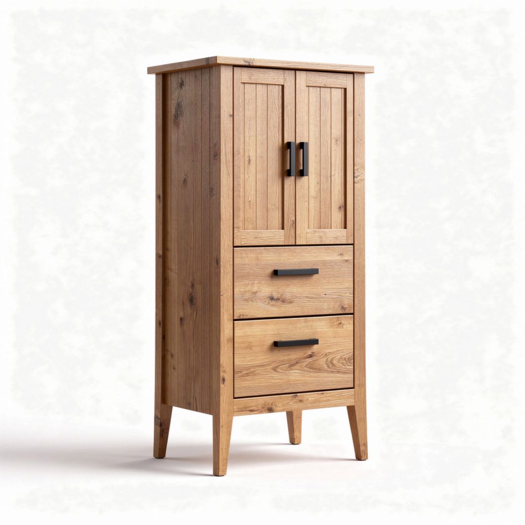 Wood storage cabinet with two doors and three drawers 40 x 30 x 120cm