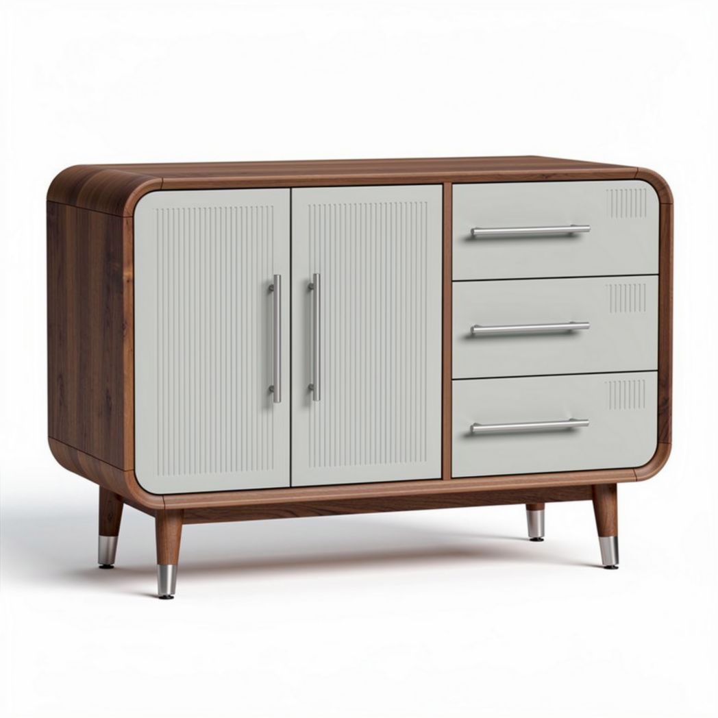 Wooden sideboard with grey door panels and three drawers 120 x 50 x 75cm