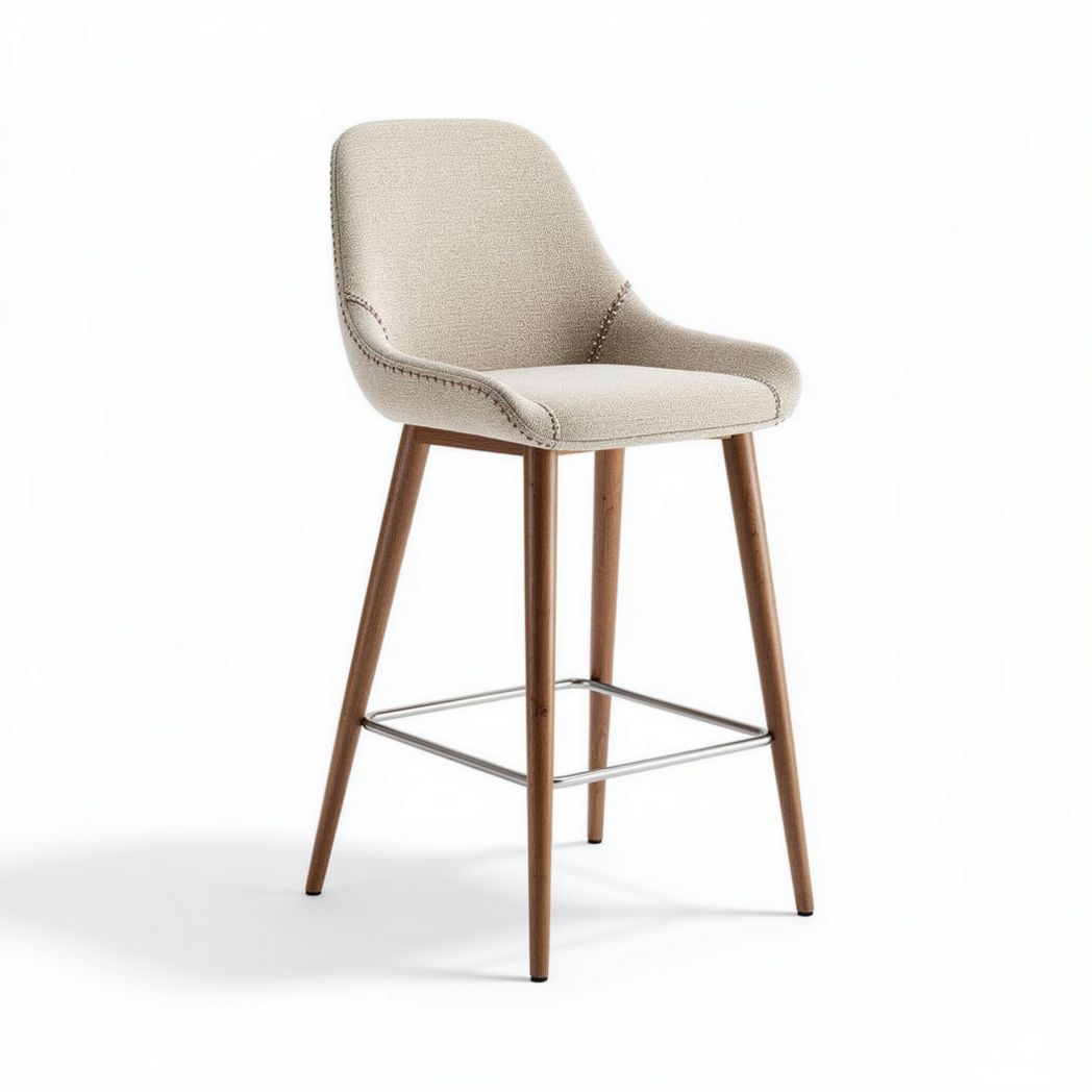 Fabric upholstered bar stool with wooden legs and metal footrest 45 x 45 x 110cm